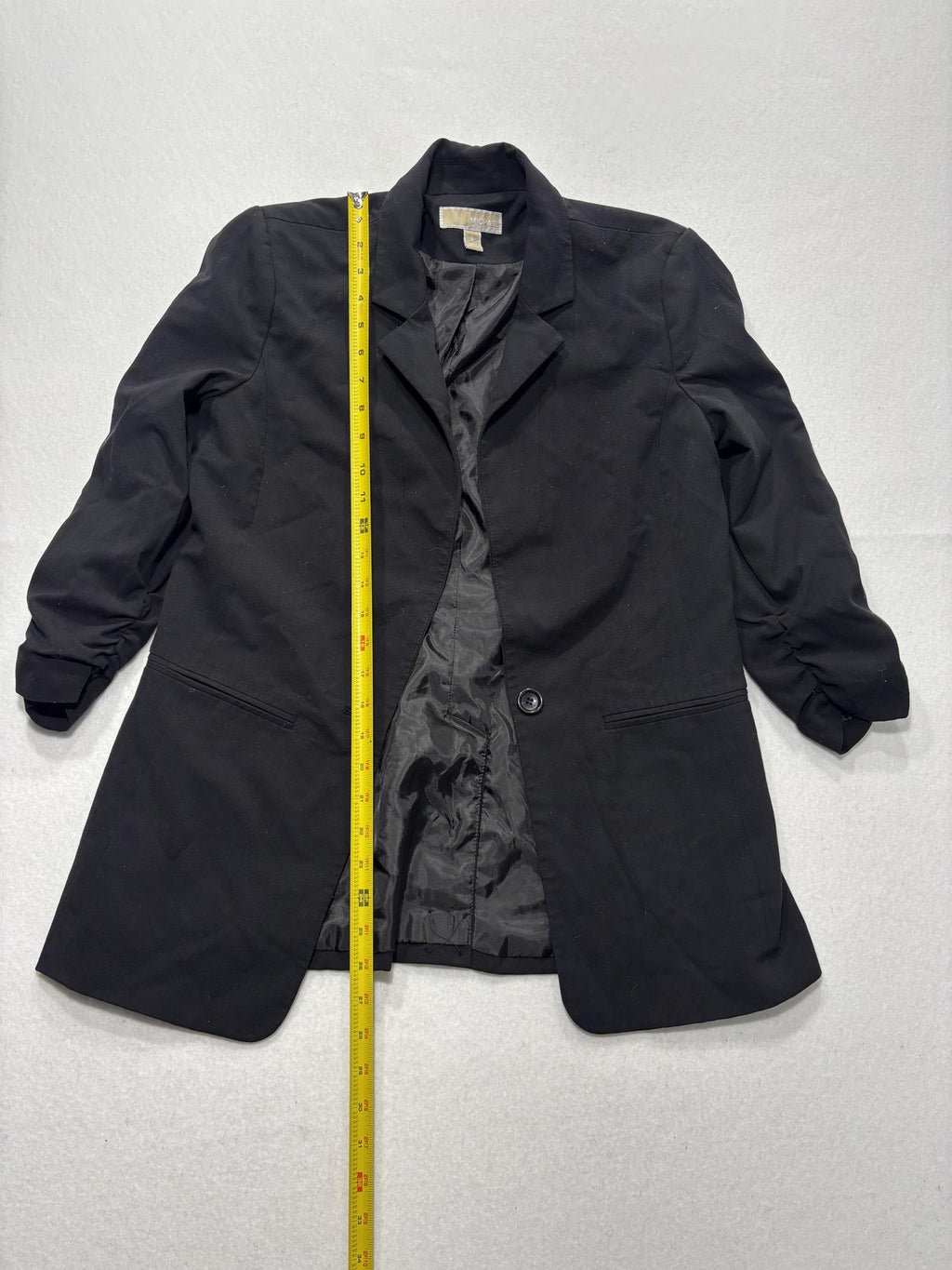MICHAEL Michael Kors Blazer Womens 8 Black Long One Button Ruched Sleeve Stretch