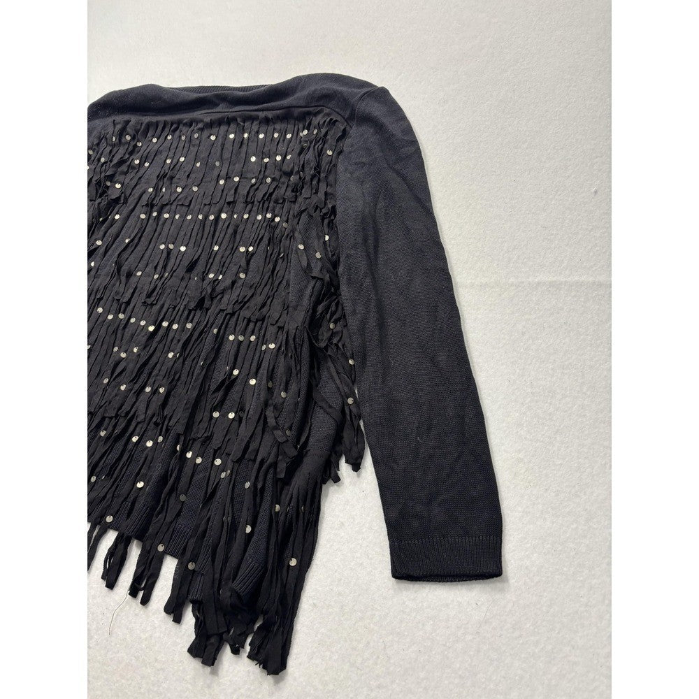 Chan Luu Cardigan Womens XS Black Fringe Sequin Knit Open Front Boho Long Sleeve