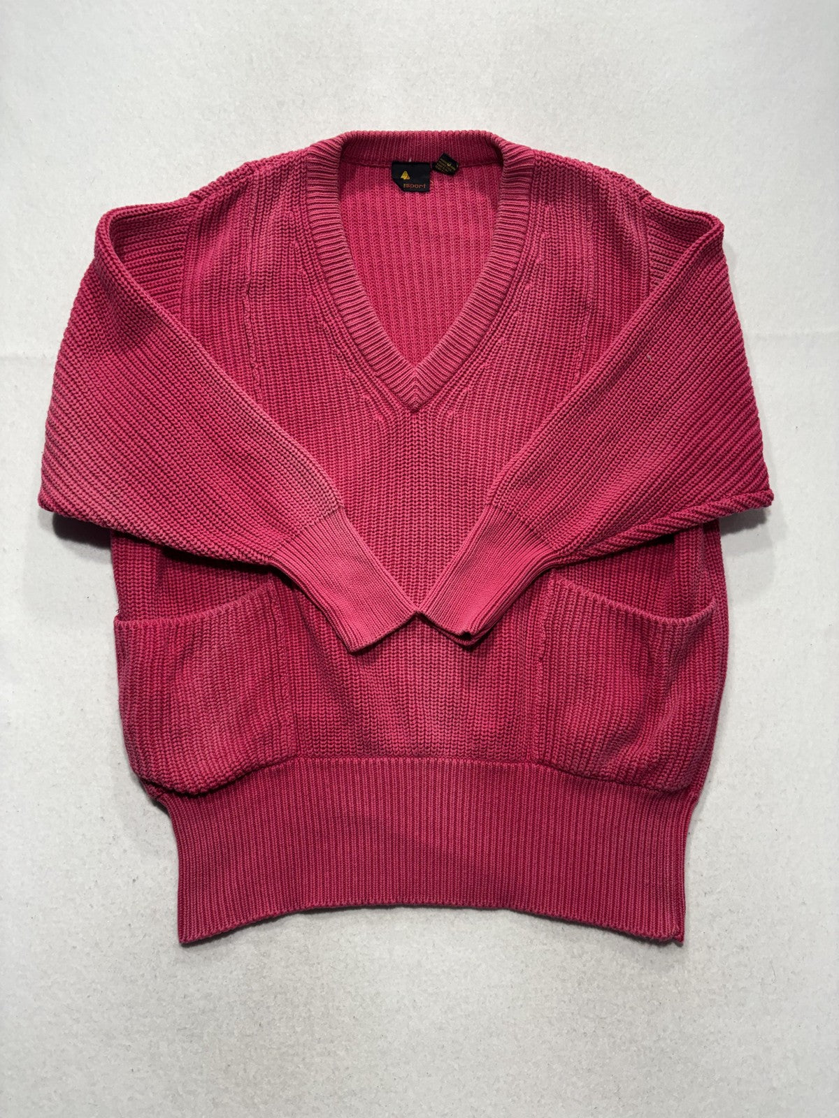Liz Sport Sweater Womens Medium Pink V Neck Raglan Knit Pockets Chunky