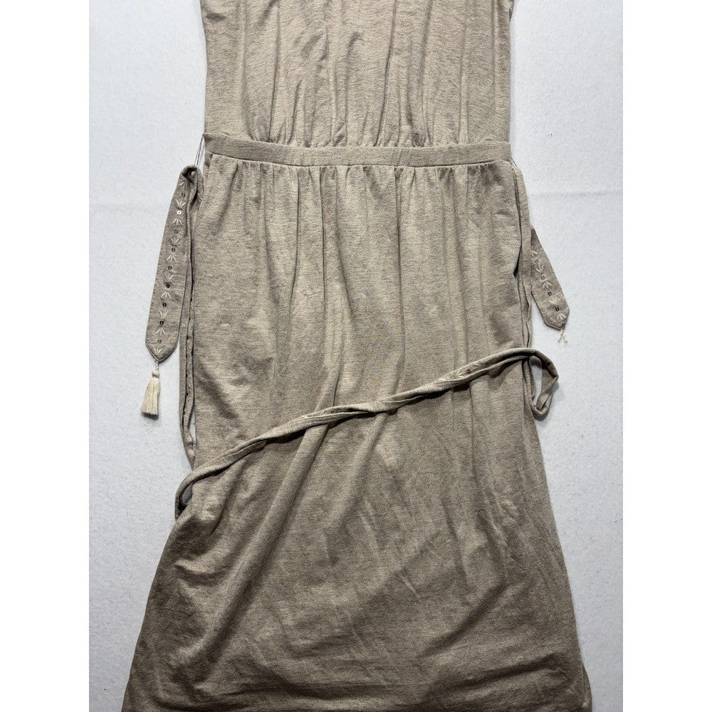 Tommy Bahama Dress Womens Medium Beige Beaded Scoop Neck Belted Hi Low Sundress