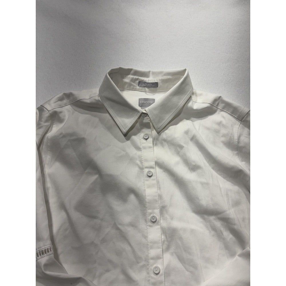 Chico's Blouse Womens 12 White Button Front Collared 3/4 Bell Sleeve Tunic Top