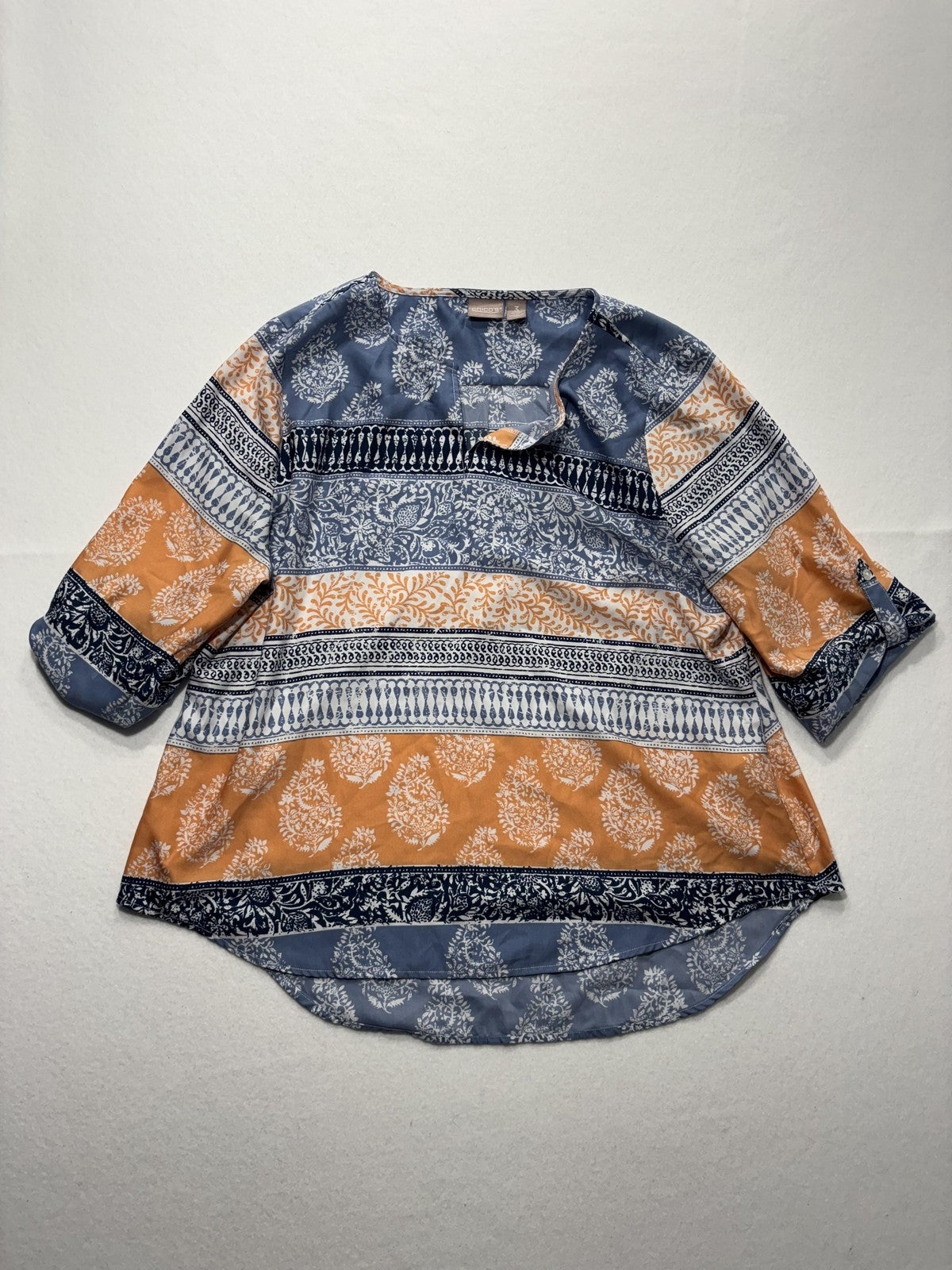 Chico's Blouse Womens 3 Blue Orange Paisley Print Henley 3/4 Roll Tab Tunic Top