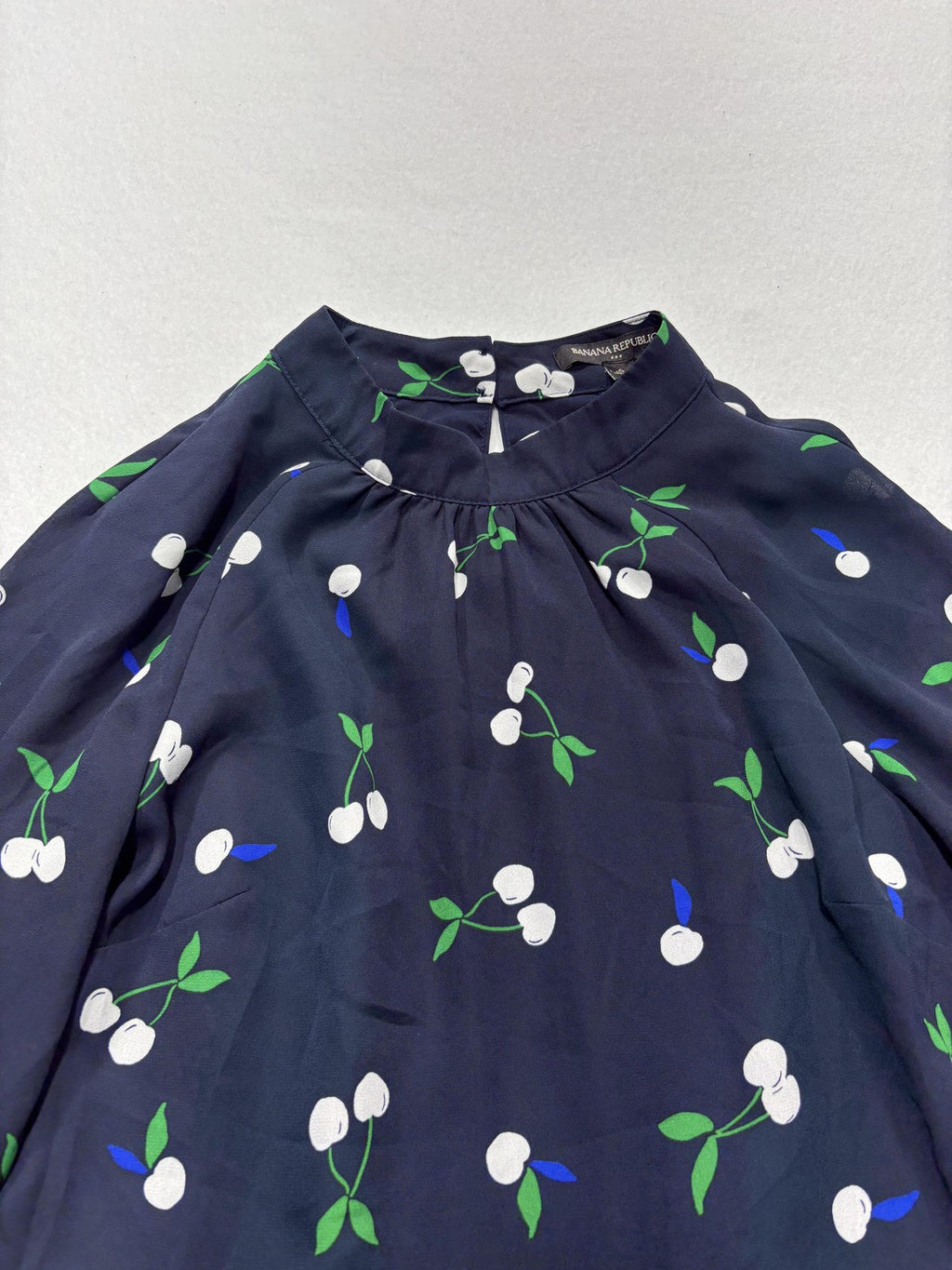 Banana Republic Dress Womens 6 Blue Cherry Print Mock Neck Long Sleeve Fit Flare
