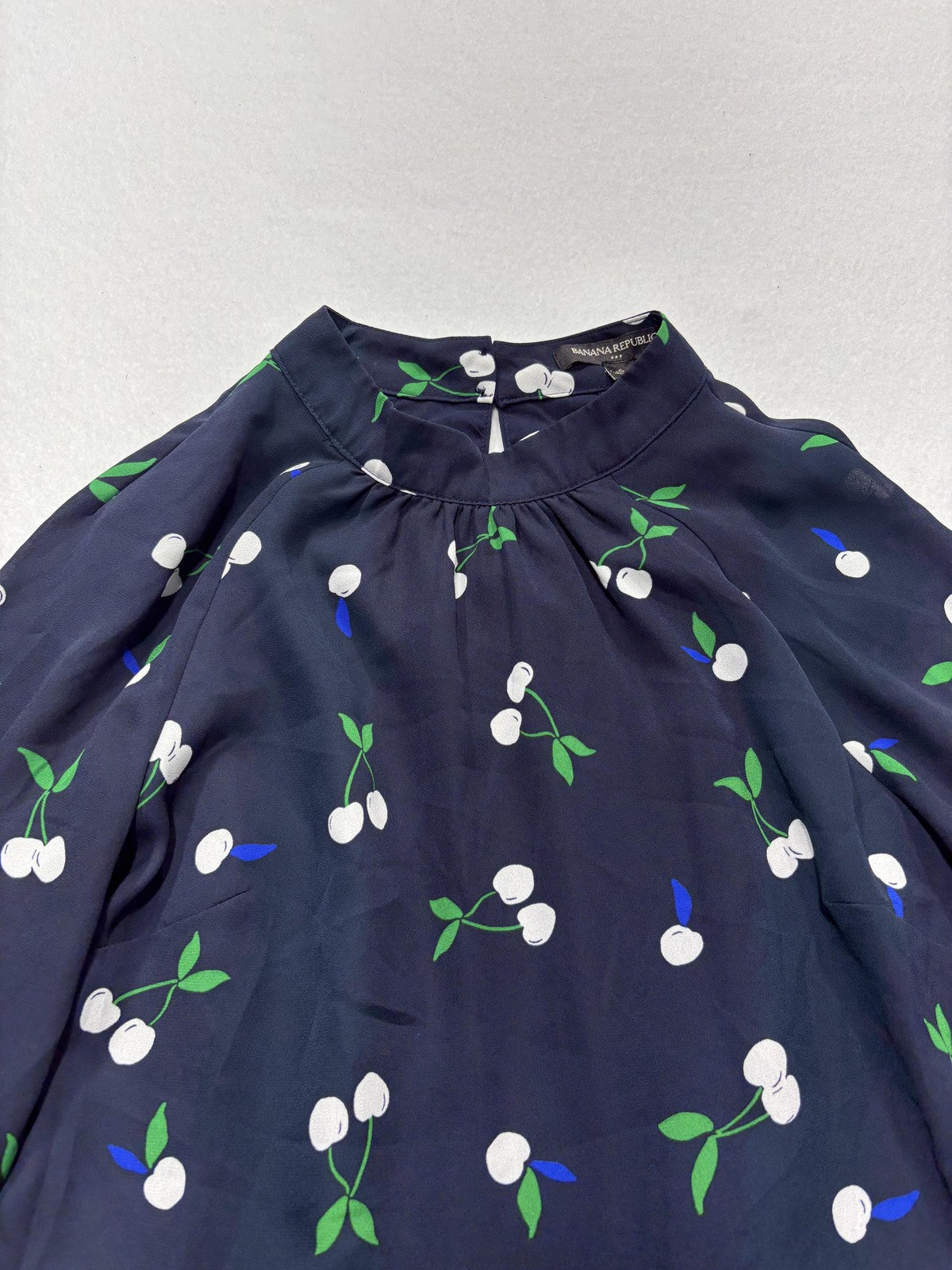 Banana Republic Dress Womens 6 Blue Cherry Print Mock Neck Long Sleeve Fit Flare