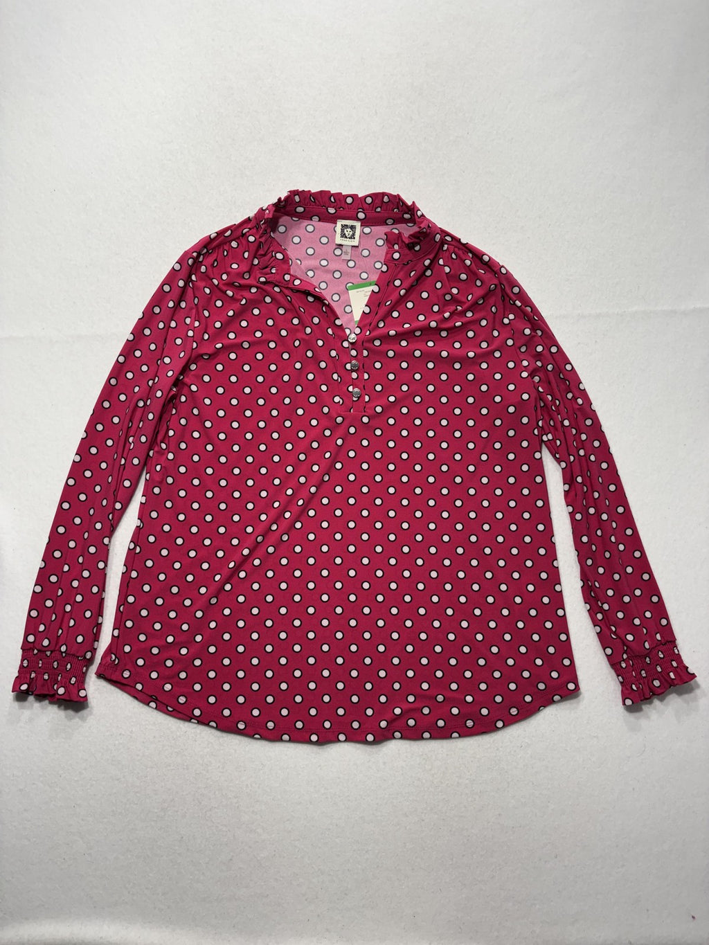 Anne Klein Blouse Womens Large Pink Polka Dot Henley Long Sleeve Jersey Top