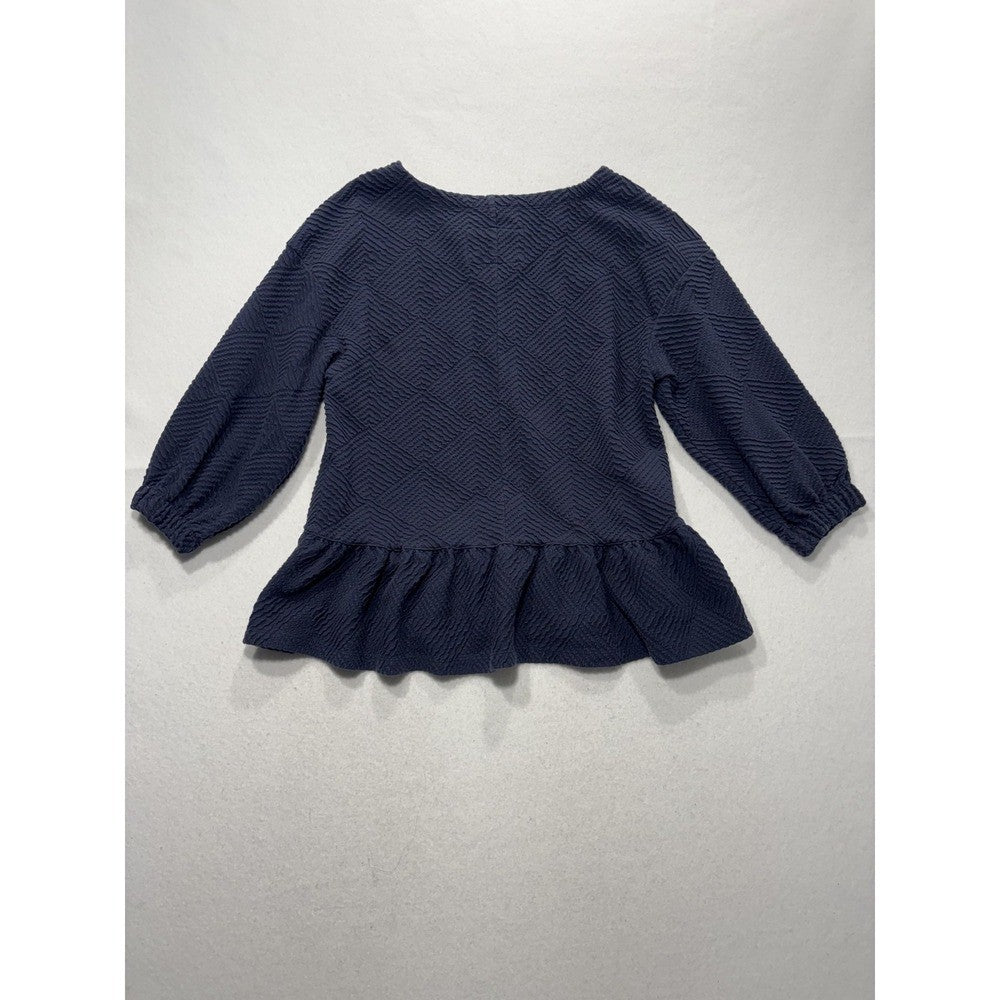 Maeve Blouse Womens XS Blue Textured Crew Neck 3/4 Puff Sleeve Peplum Tunic Top