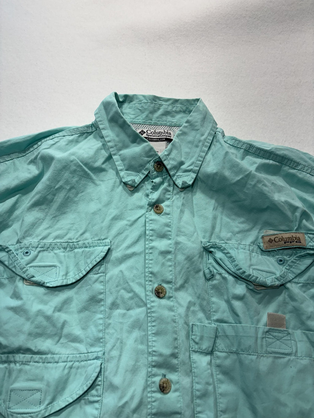 Columbia PFG Shirt Mens Medium Green Short Sleeve Fishing Button Up Vented
