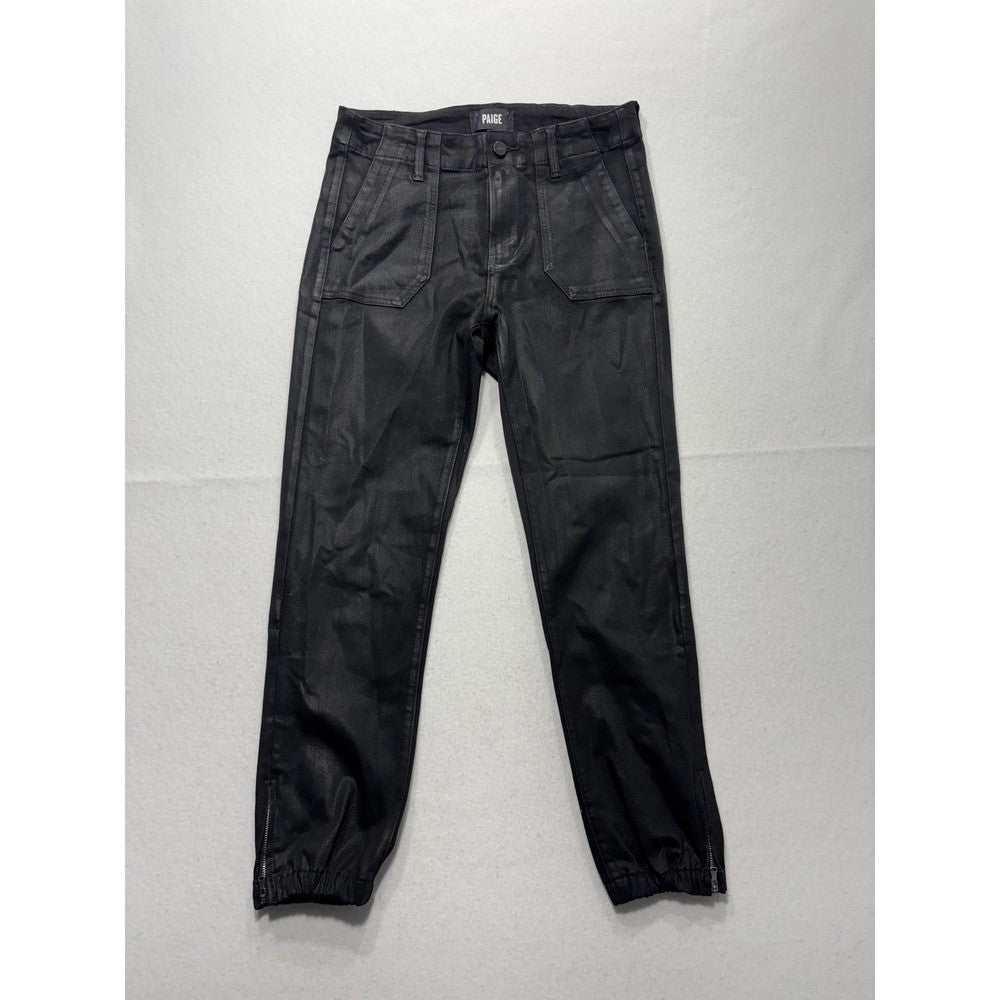 Paige Pants Womens 27 Black Mayslie Coated Denim Jogger Ankle Zip Cuffed Stretch