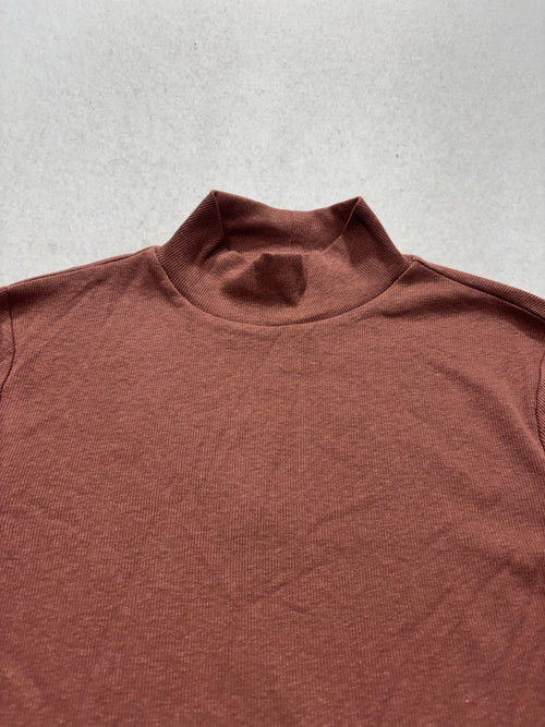 A New Day Shirt Womens Small Brown Mock Neck Short Sleeve Ribbed Knit Tee Casual