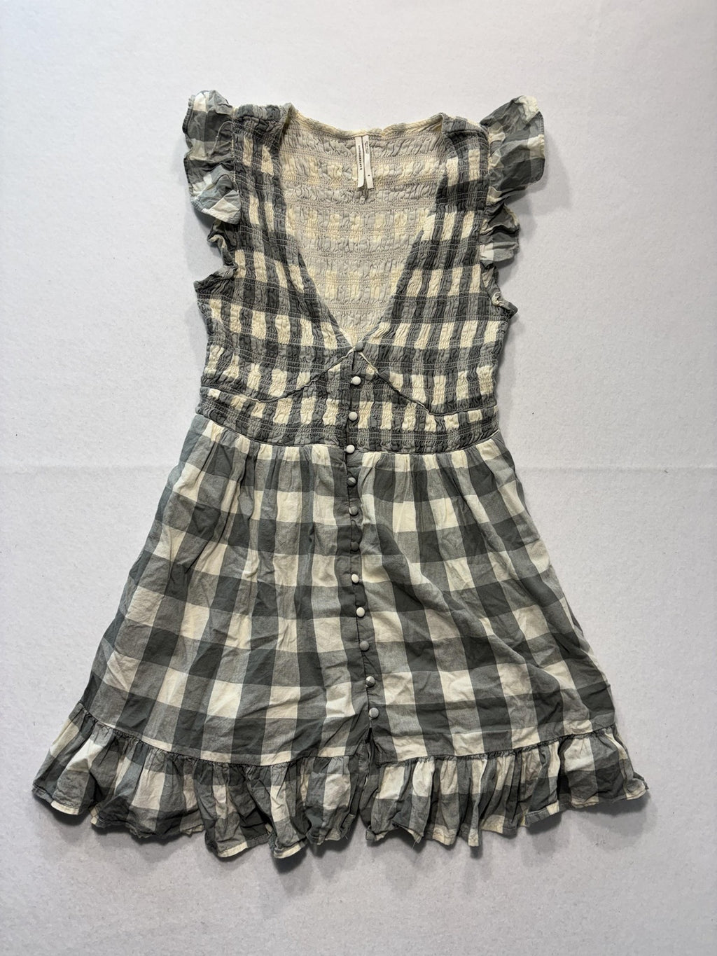 Anthropologie Dress Womens Small Gray Check V Neck Smocked Ruffle Sundress Boho