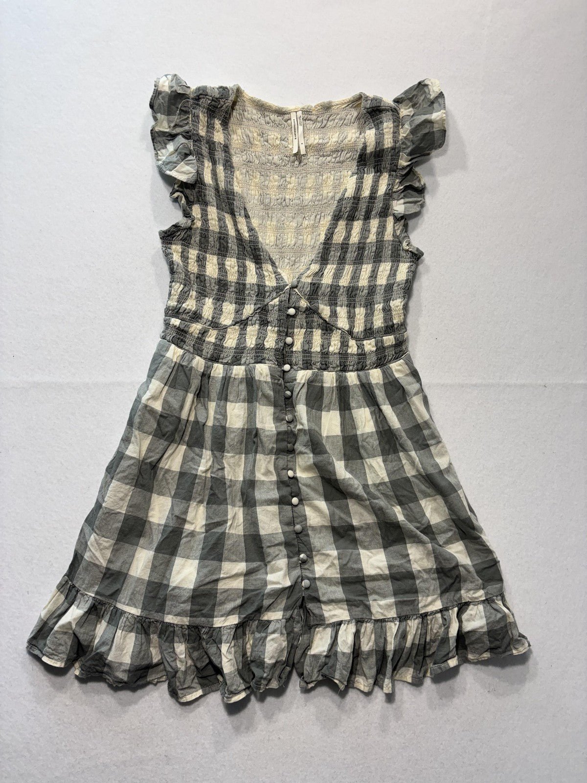Anthropologie Dress Womens Small Gray Check V Neck Smocked Ruffle Sundress Boho
