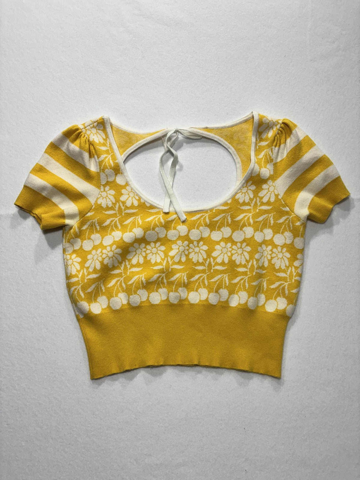 Maeve Sweater Womens Medium Yellow Floral Puff Sleeve Scoop Neck Tie Back Crop
