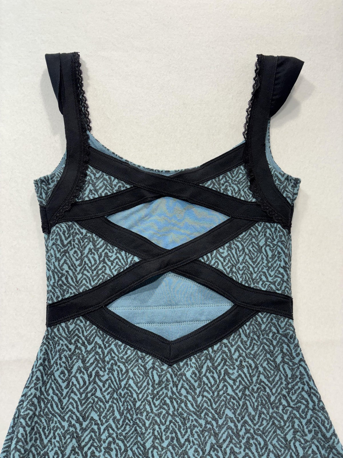 Free People Dress Womens XS Blue Chevron Scoop Neck Cutout Bodycon Tank Mini