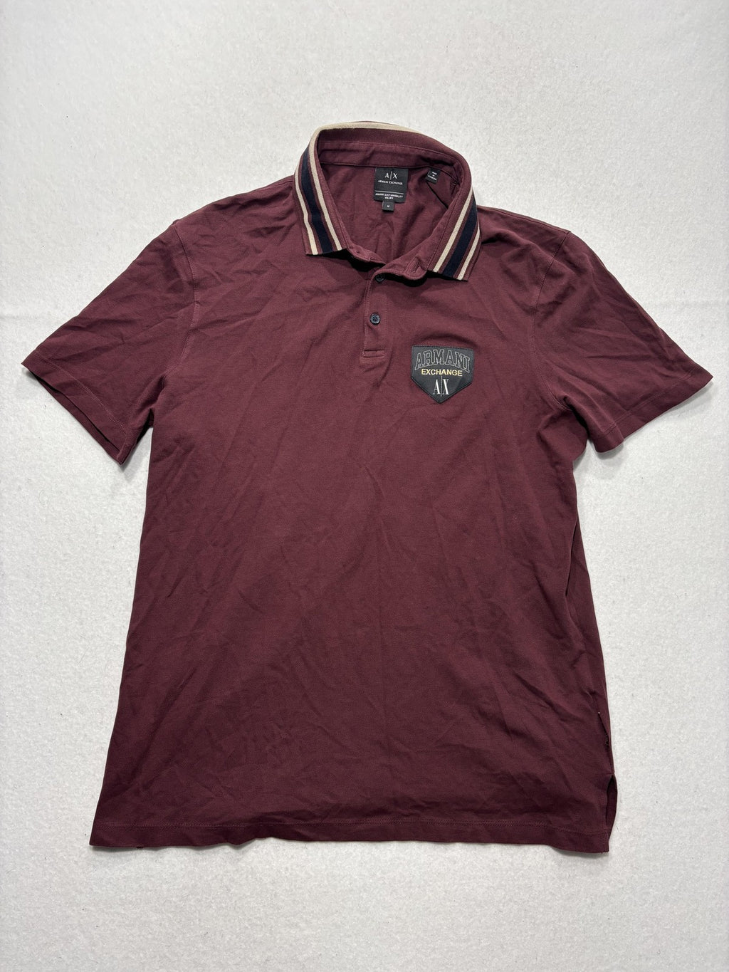 Armani Exchange Polo Shirt Mens Medium Red Logo Patch Striped Collar Knit