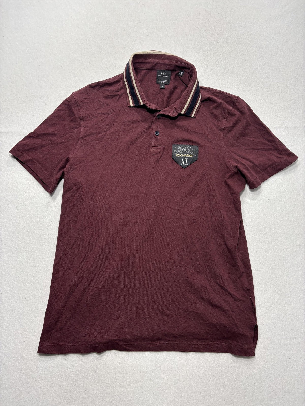 Armani Exchange Polo Shirt Mens Medium Red Logo Patch Striped Collar Knit