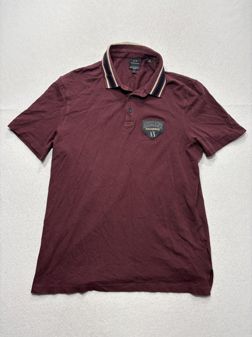 Armani Exchange Polo Shirt Mens Medium Red Logo Patch Striped Collar Knit