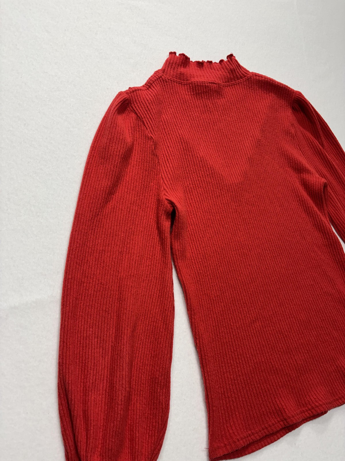 Free People Sweater Womens SP Red Mock Neck Balloon Sleeve Ruffle Knit Slim