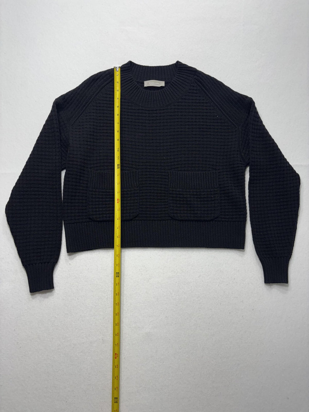 Everlane Sweater Womens Small Black Recycled Cashmere Waffle Crew Neck Pocket