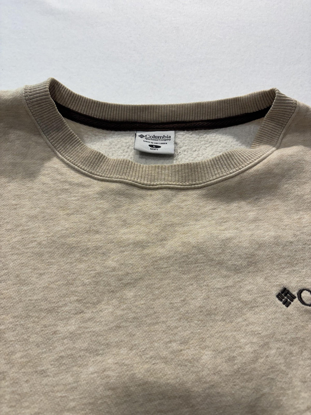 Columbia Sweatshirt Mens Large Beige Fleece Crew Neck Pullover Logo Outdoor