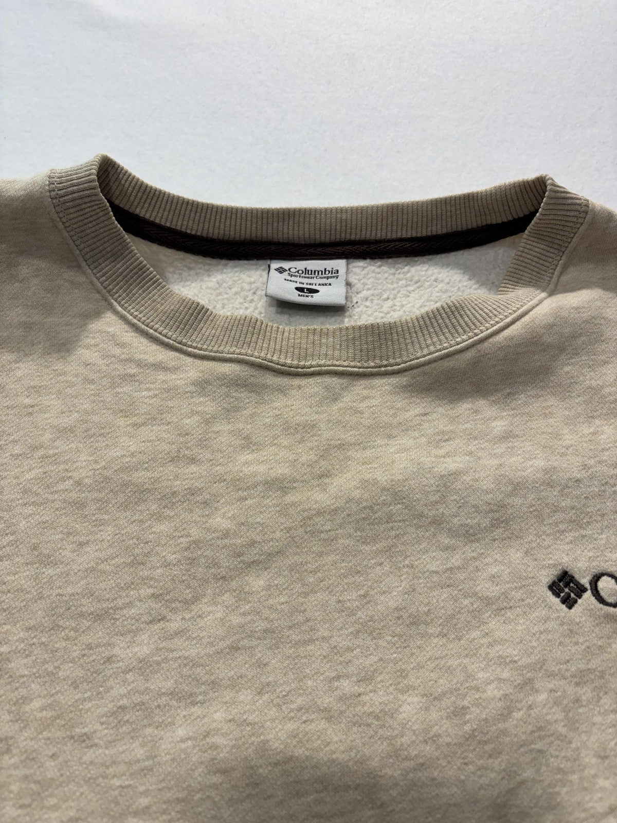 Columbia Sweatshirt Mens Large Beige Fleece Crew Neck Pullover Logo Outdoor