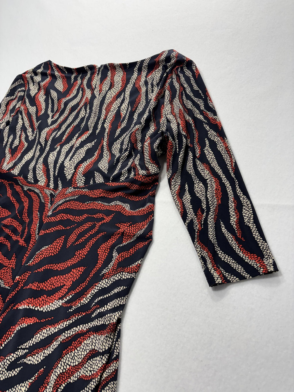 Anne Klein Dress Womens 14 Multi Animal Ruched Sheath 3/4 Sleeve Knee Length