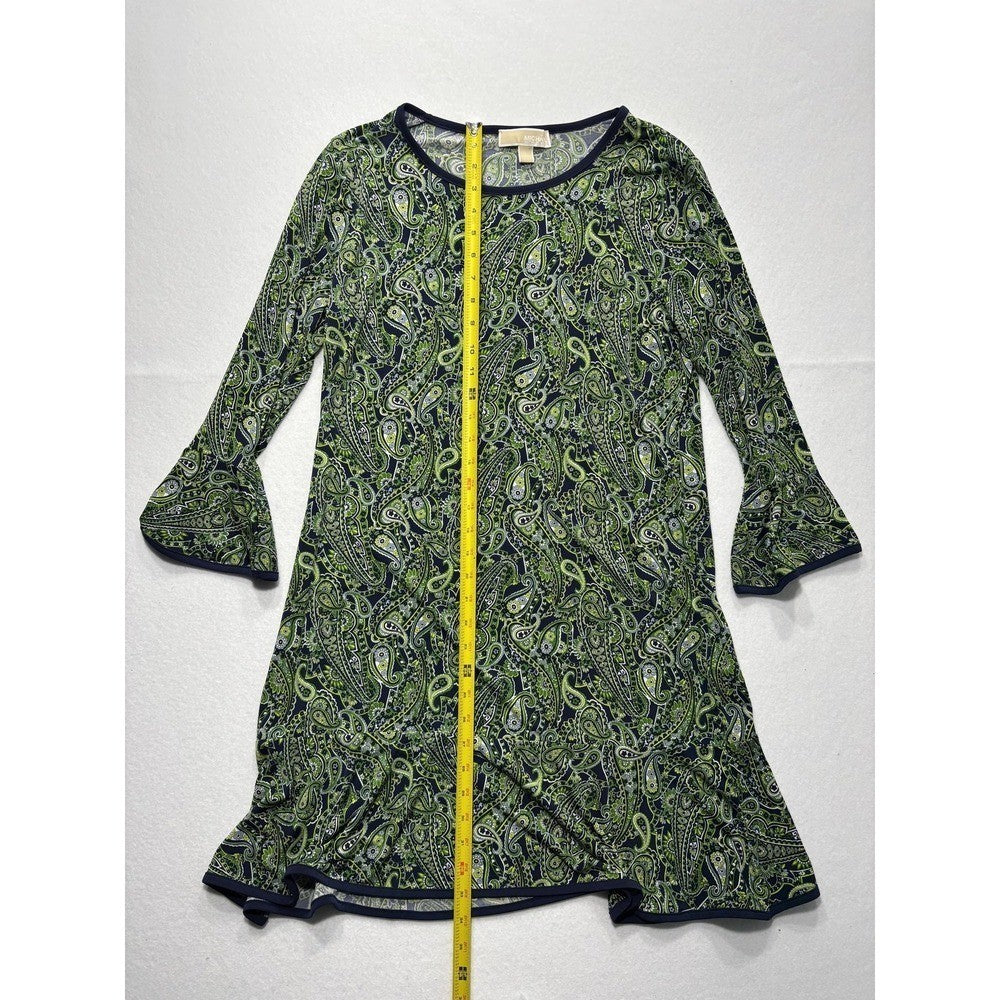 MICHAEL Michael Kors Womens Large Blue Green Paisley Shift Bell Sleeve Dress