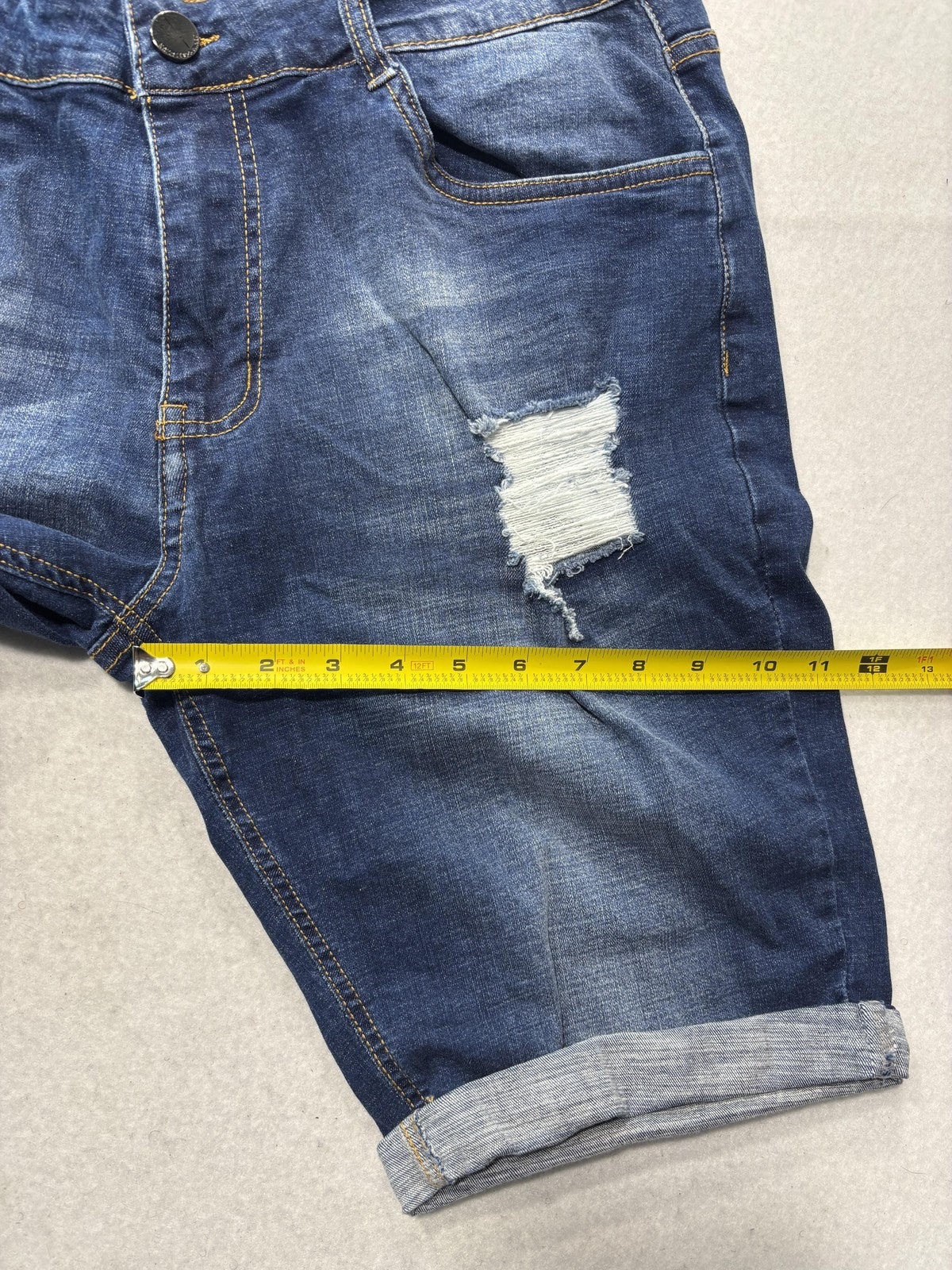 GINGTTO Bermuda Shorts Mens 34 Blue Denim 11" Inseam Distressed Slim 5-Pocket