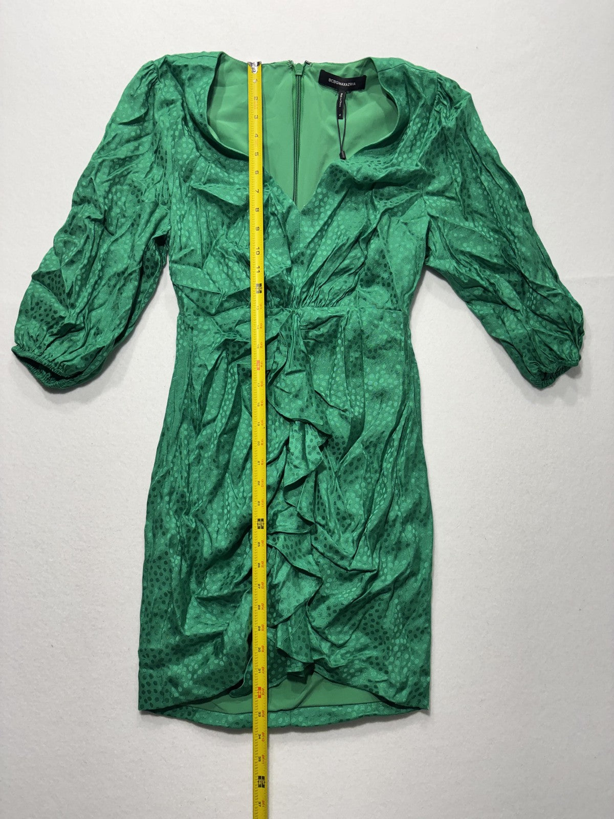 BCBGMAXAZRIA Dress Womens 4 Green Jacquard Sweetheart Ruffle Ruched Mini Party