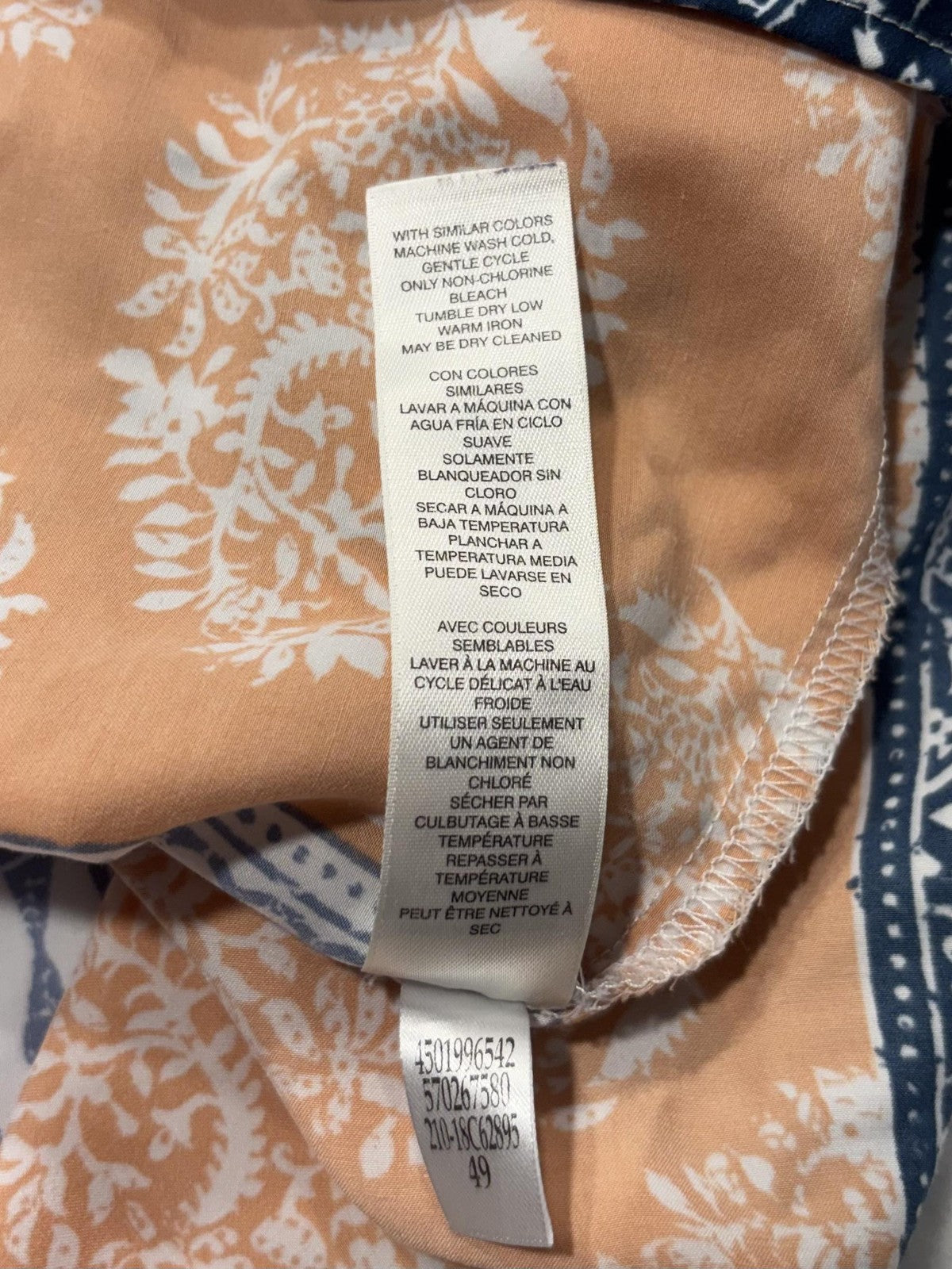 Chico's Blouse Womens 3 Blue Orange Paisley Print Henley 3/4 Roll Tab Tunic Top