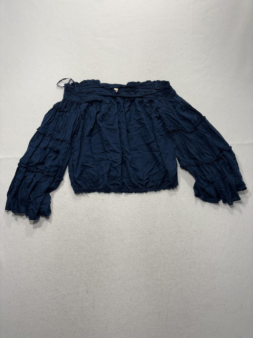 Free People Blouse Womens Small Blue Off Shoulder Ruffle Bell Sleeve Crop Top