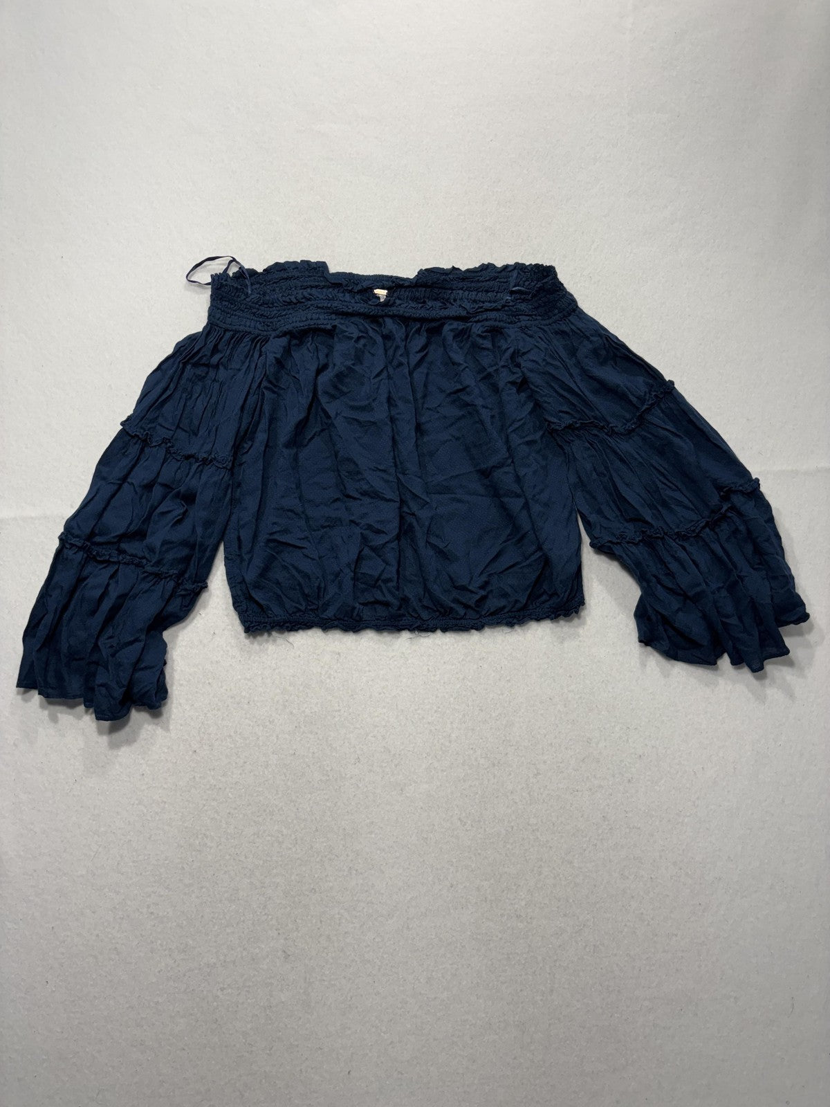 Free People Blouse Womens Small Blue Off Shoulder Ruffle Bell Sleeve Crop Top