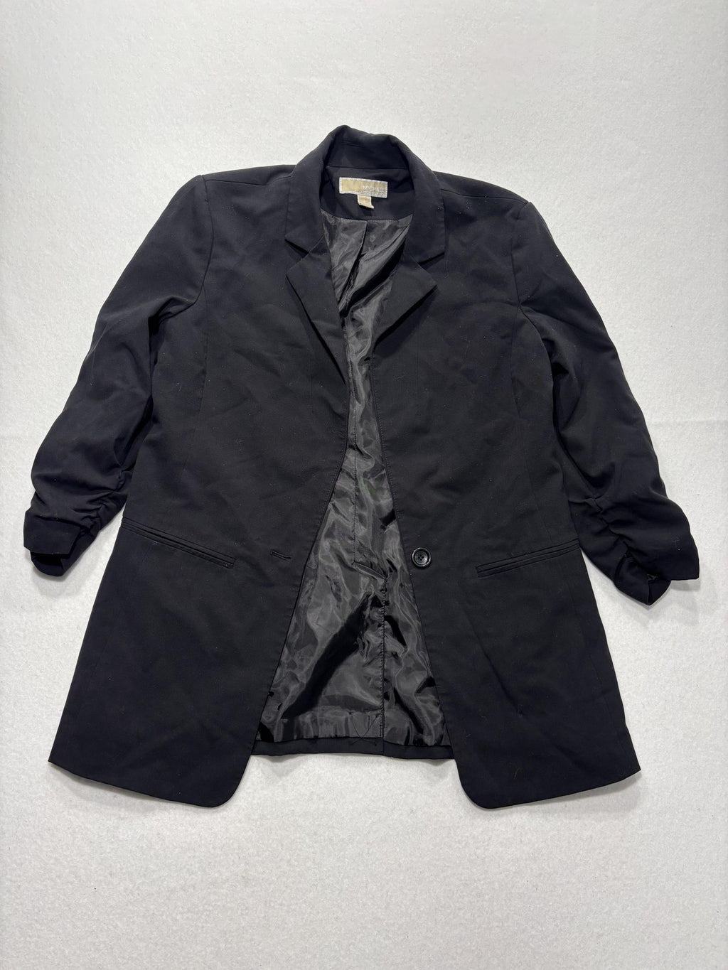 MICHAEL Michael Kors Blazer Womens 8 Black Long One Button Ruched Sleeve Stretch