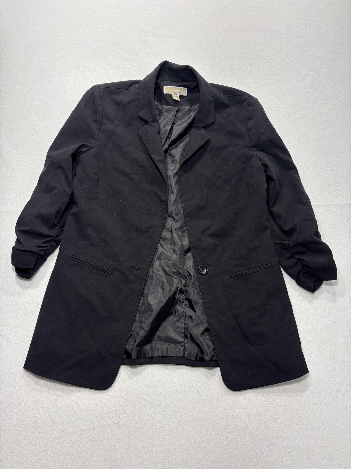 MICHAEL Michael Kors Blazer Womens 8 Black Long One Button Ruched Sleeve Stretch