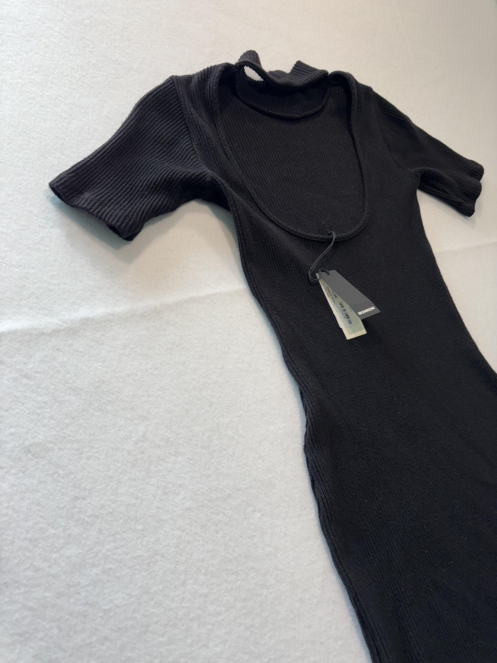 Monrow Dress Womens XS Black Ribbed Mock Neck Short Sleeve Bodycon Cutout Mini