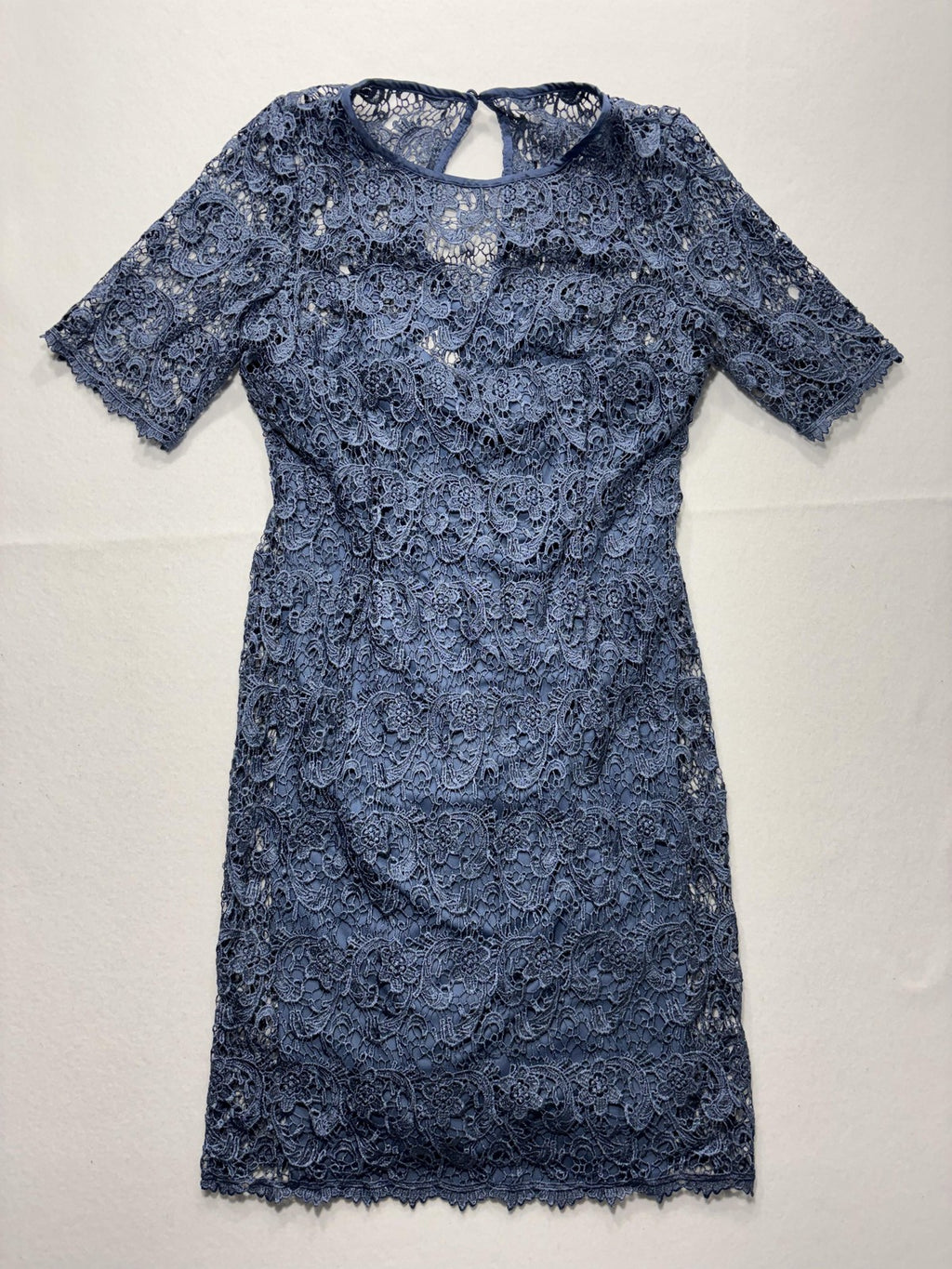Dressbarn Dress Womens 14 Blue Floral Lace Short Sleeve Sheath Party Cocktail