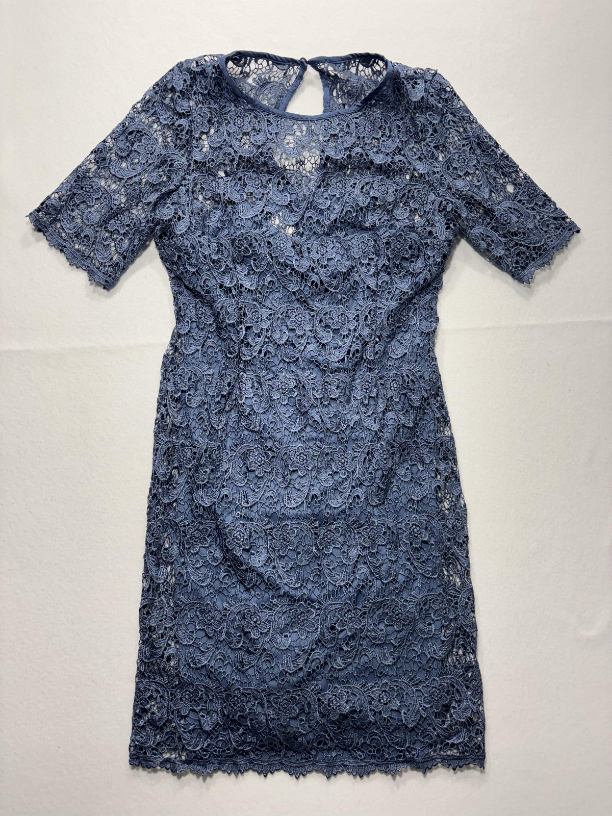 Dressbarn Dress Womens 14 Blue Floral Lace Short Sleeve Sheath Party Cocktail