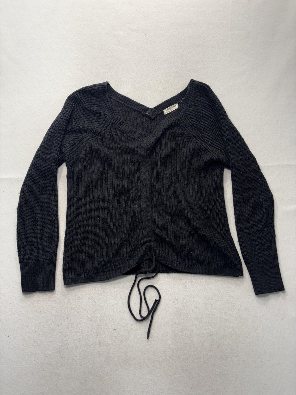 Full Circle Trends Sweater Womens 2X Plus Black V Neck Waffle Knit Drawstring