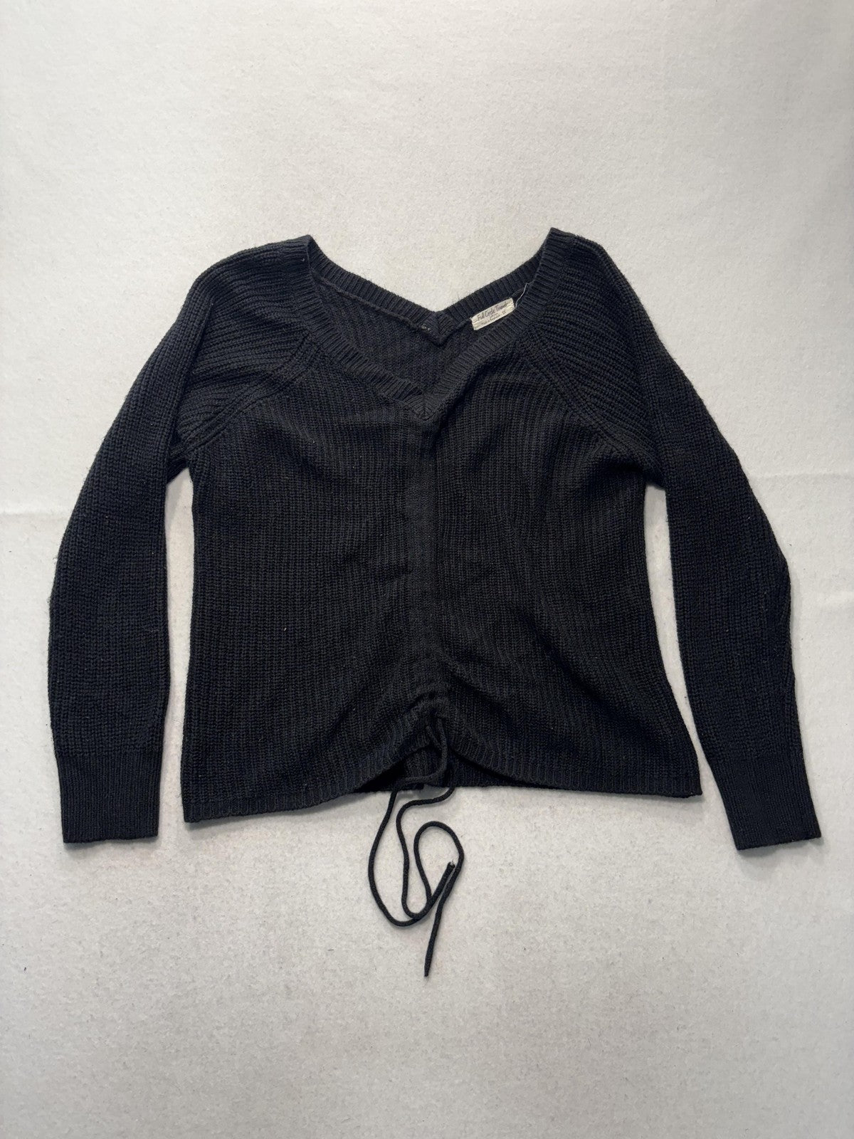 Full Circle Trends Sweater Womens 2X Plus Black V Neck Waffle Knit Drawstring
