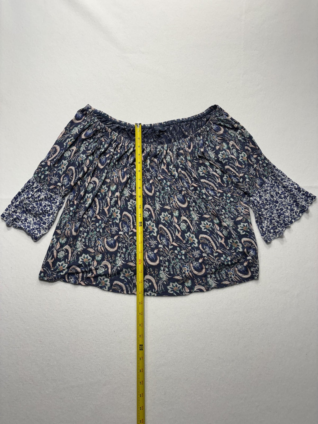 Lucky Brand Blouse Womens Medium Blue Paisley Off Shoulder 3/4 Bell Sleeve Boho
