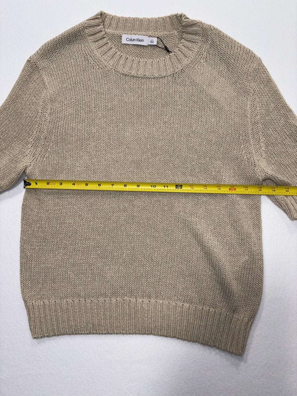 Calvin Klein Sweater Womens M Beige Short Sleeve Crew Neck Hemp Knit Pullover
