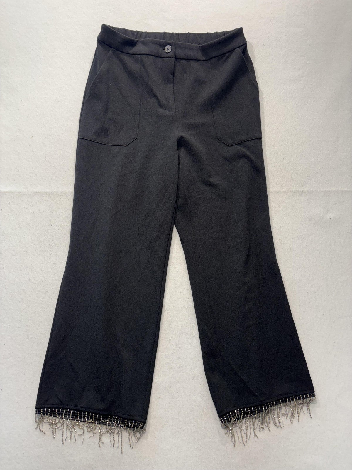 Sincerely Jules Pants Womens M Black Beaded Fringe Cropped Wide Leg Crepe Party