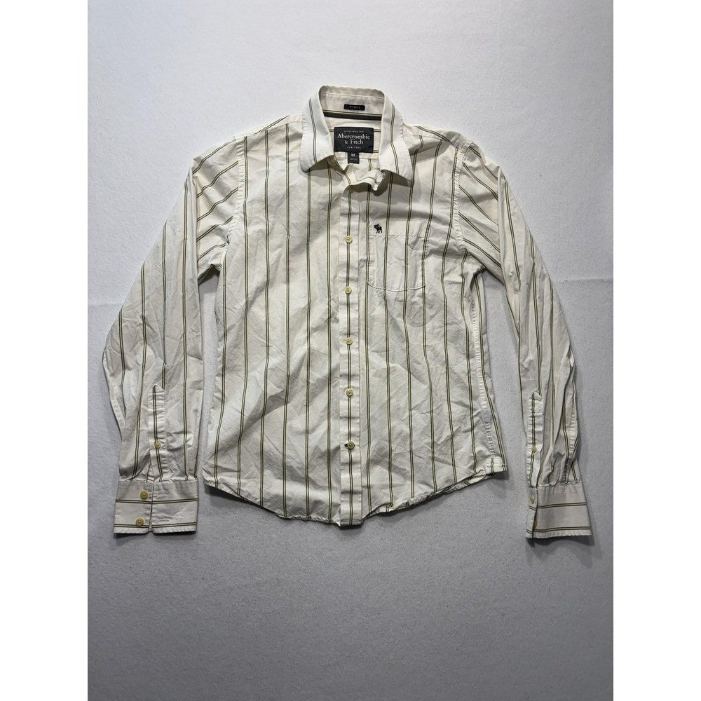 Abercrombie & Fitch Mens Medium White Green Striped Long Sleeve Slim Button Up