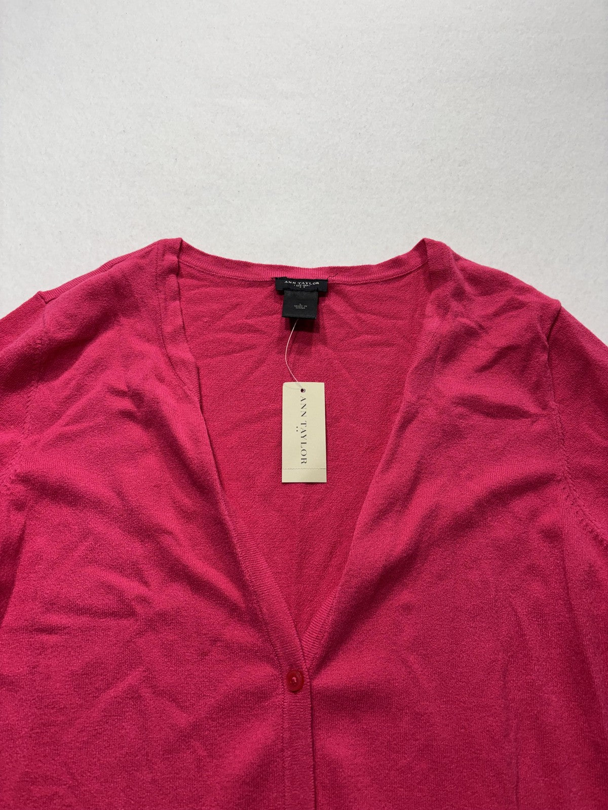 Ann Taylor Cardigan Womens Large Pink V Neck Short Sleeve Button Front Knit