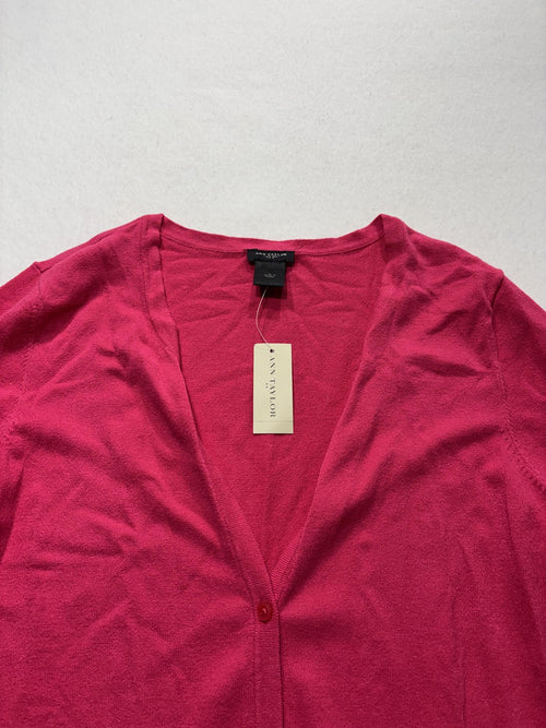 Ann Taylor Cardigan Womens Large Pink V Neck Short Sleeve Button Front Knit
