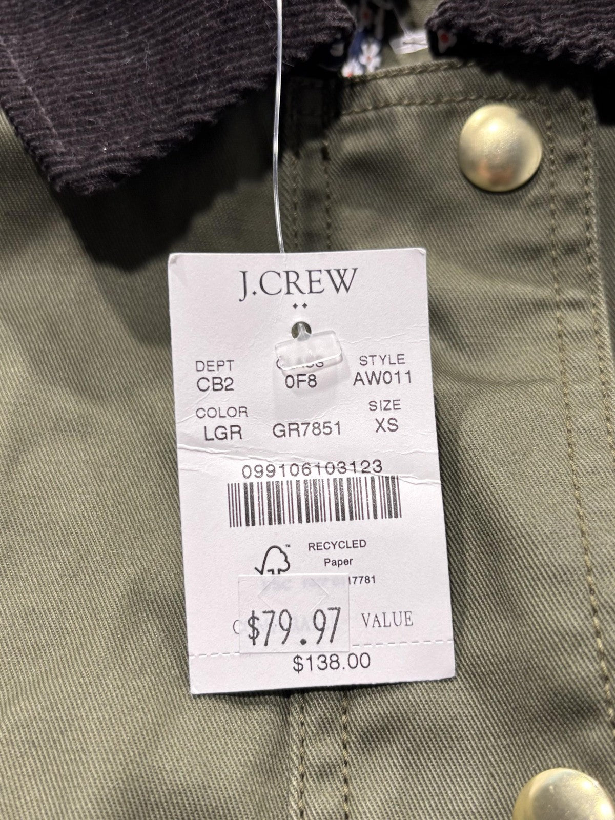 J.Crew Jacket Womens XS Green Utility Military Corduroy Collar Full Zip Pockets