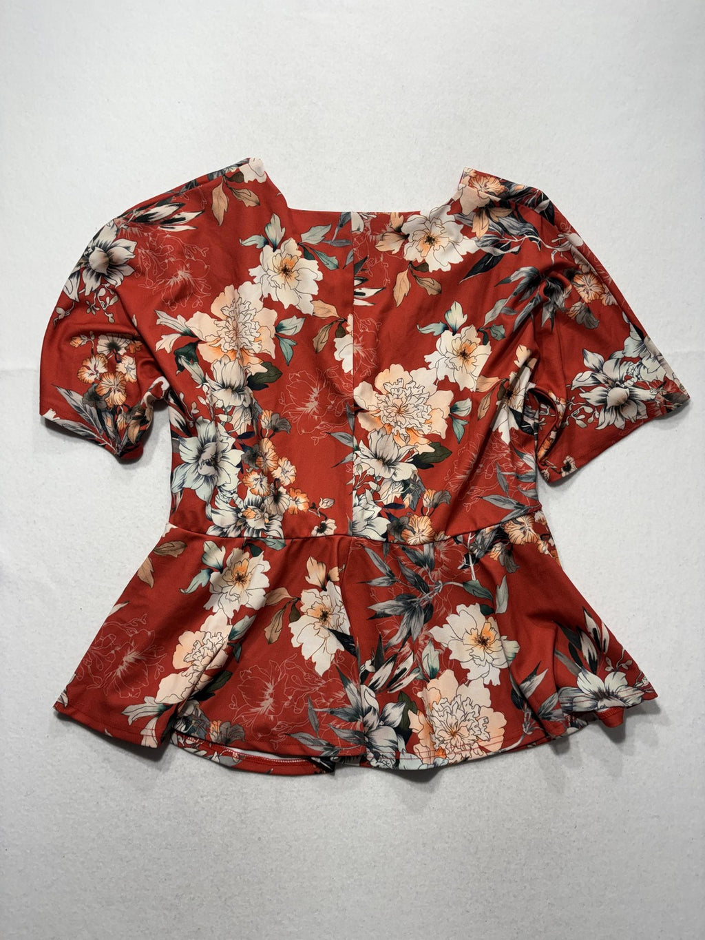 City Chic Blouse Womens 20 Red Floral V Neck Short Sleeve Peplum Top Tie Waist