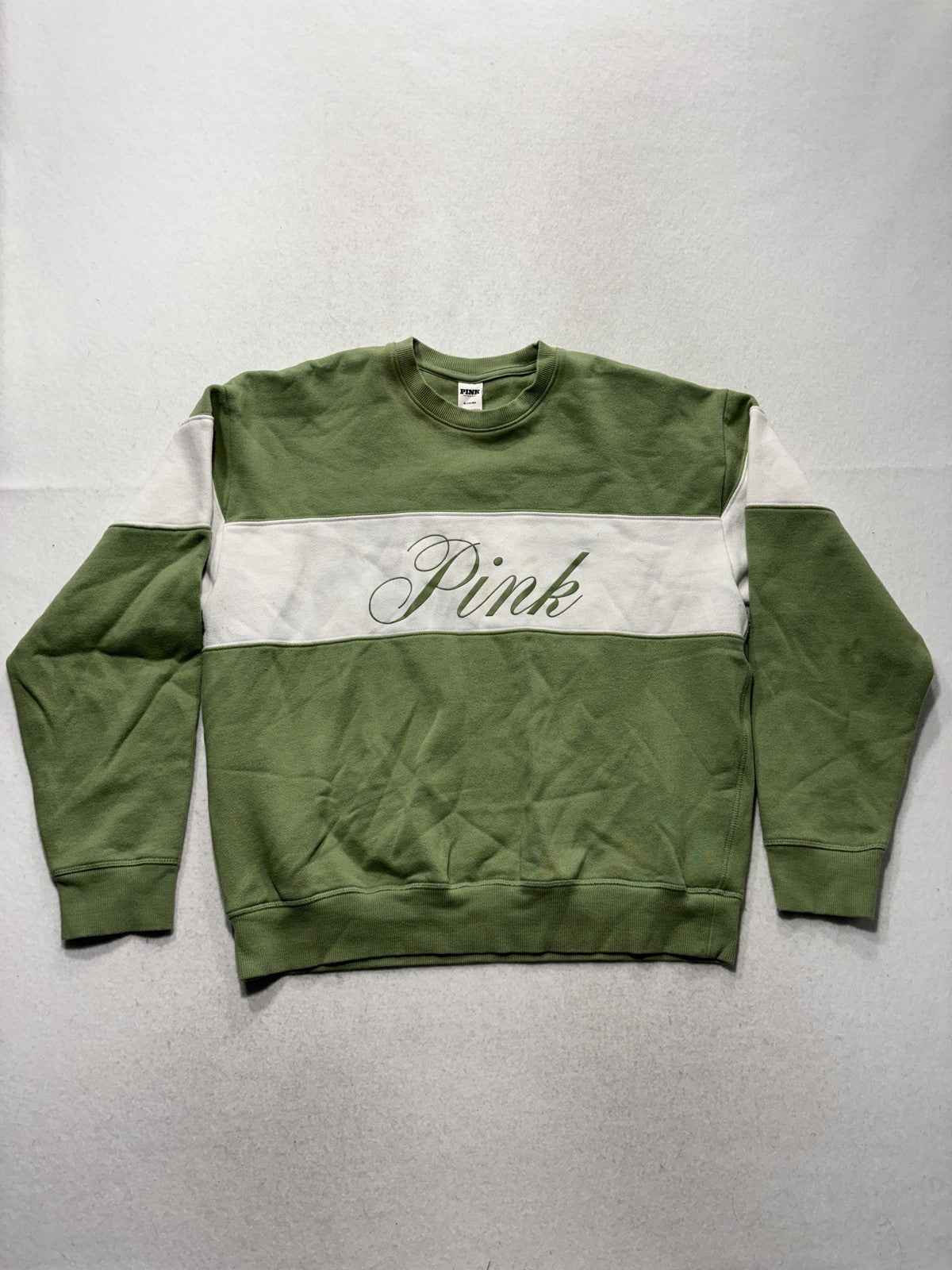 PINK Victoria's Secret Sweatshirt Womens M Green Colorblock Logo Crew Pullover