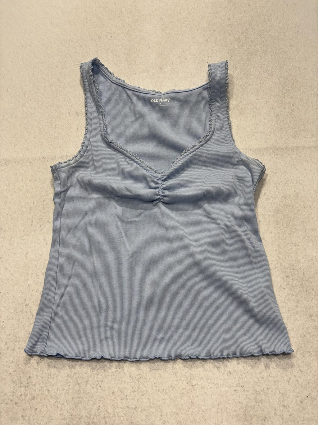 Old Navy Tank Top Womens M Blue Ruched V Neck Ribbed Lettuce Hem Casual Summer
