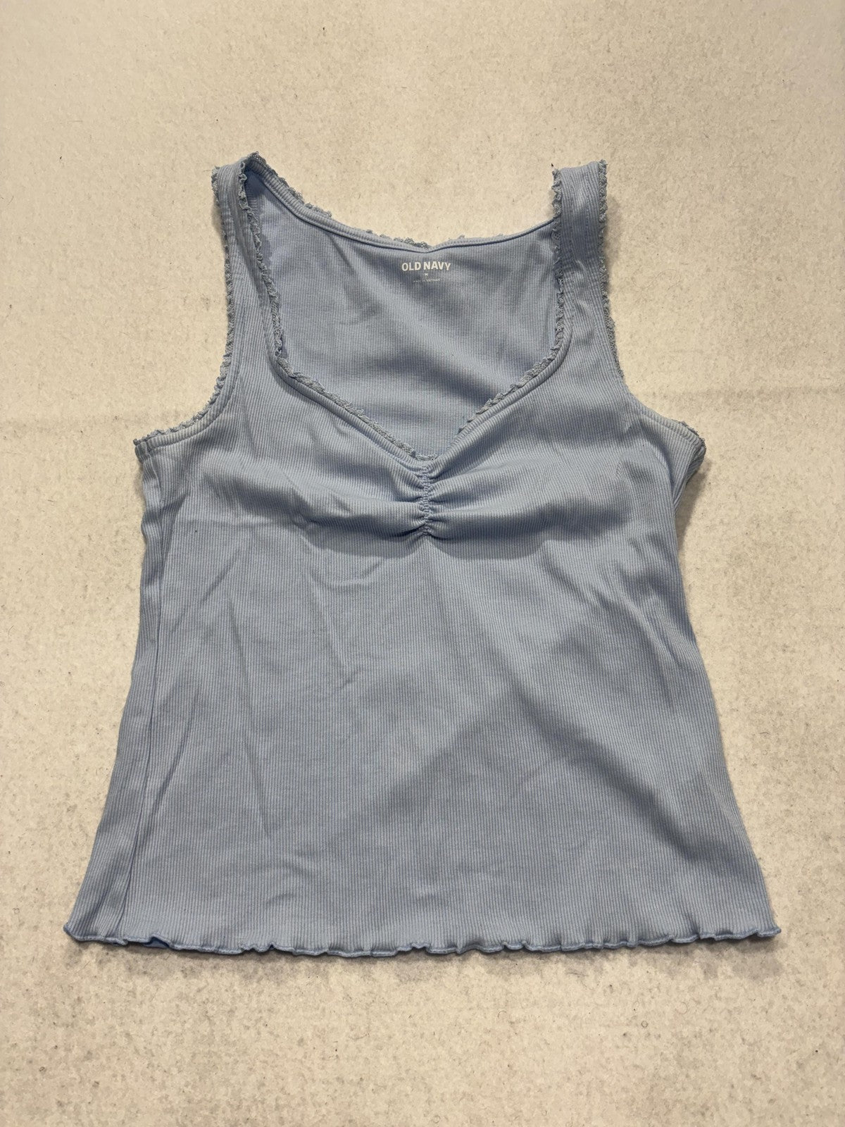 Old Navy Tank Top Womens M Blue Ruched V Neck Ribbed Lettuce Hem Casual Summer