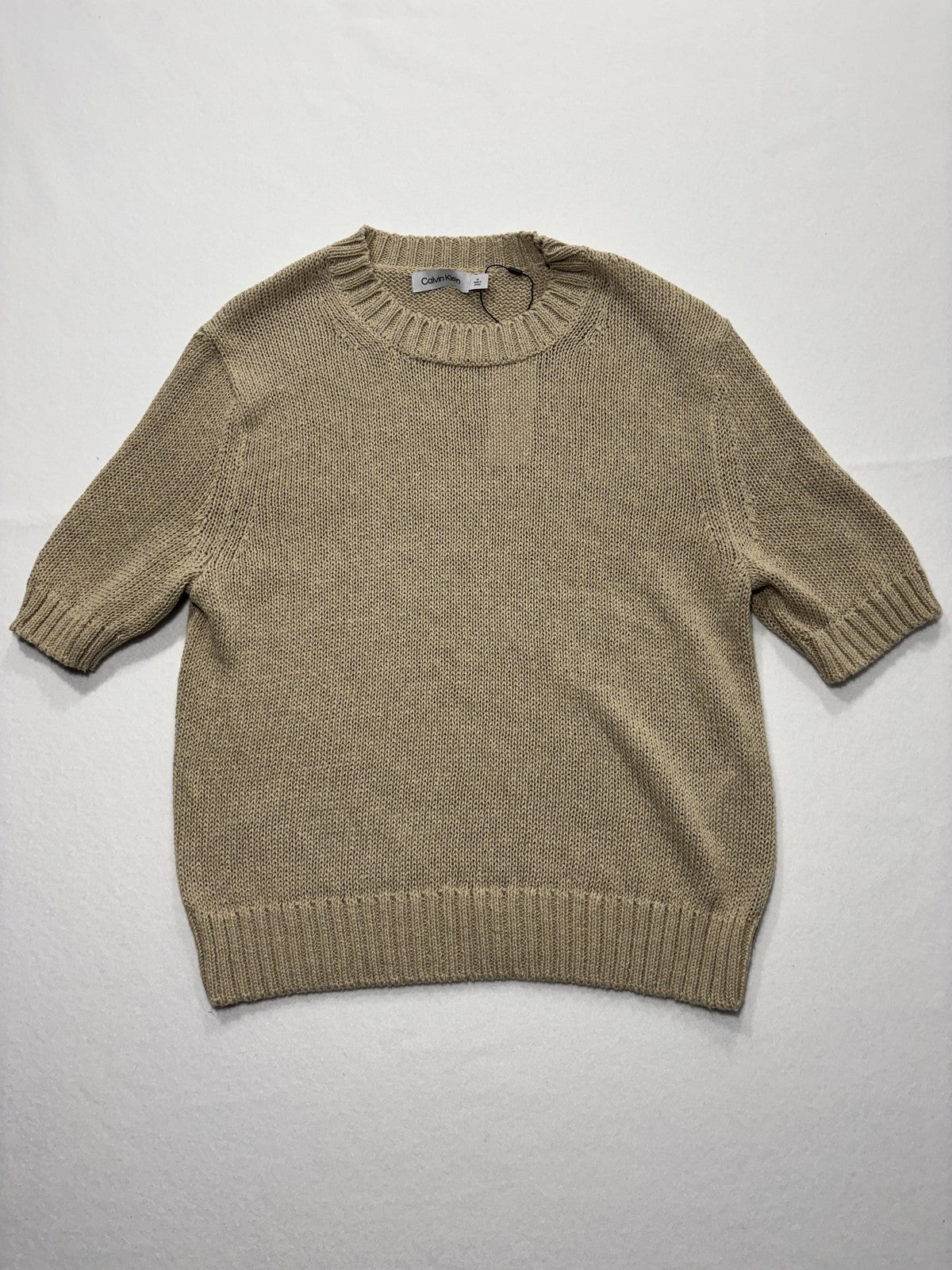 Calvin Klein Sweater Womens M Beige Short Sleeve Crew Neck Hemp Knit Pullover